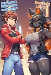 ai_generated big_boobs big_breasts black_body black_fur black_hair blue_eyes boobs breasts brown_hair city cocky69 cody_(cody_bauer) comic_page fit fit_body fit_male gloves hellhound jacket long_hair male/female orange_eyes orange_fur orange_hair pants scarlet_(cody_bauer) sexy sexy_body sexy_female shirt shorts text wolf_ears wolf_girl wolf_humanoid wolf_tail