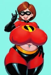 helen_parr elastigirl kunaboto_(style) milf mommy mommy_dom mommy_kink big_breasts gigantic_breasts gigantic_ass tight_clothing mouth_open ahe_gao ahegao ahegao_face nervous_smile nervous_sweat piercing belly_button