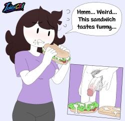 brown_hair comic cum cum_on_face cum_on_food female food_play idexcdi jaiden jaiden_animations jaidenanimations penis pervert pubic_hair retro_artstyle sandwich sexual_harassment white_skin youtube youtuber