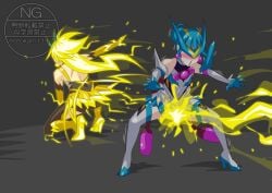 agent_six_(kamen_rider_zeztz) baku_yorozu blue_hair blush defeated electricity genderswap gloves heels kamen_rider kamen_rider_zeztz_(series) kureha_miyamoto long_gloves long_stockings lord_six miyamoto_kureha otokam1117 power_up rule_63 stockings tokusatsu