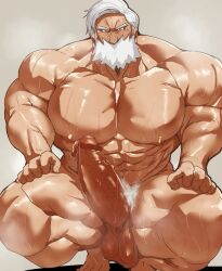 male male_only bara muscles muscular kaeru333938123 blush sweat sweating musk penis balls solo solo_male nintendo pokemon drayden facial_hair beard nude boner erection squatting spread_legs