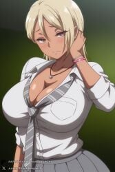 1girl breasts solo jewelry blonde_hair necktie cleavage necklace skirt long_hair earrings shirt looking_at_viewer brown_eyes gyaru dark_skin school_uniform large_breasts blush dark-skinned_female pleated_skirt bracelet striped_necktie white_shirt closed_mouth collared_shirt ear_piercing hair_between_eyes piercing breast_pocket gradient_background gradient bangs striped pocket huge_breasts upper_body collarbone watermark uchi_no_otouto_maji_de_dekain_dakedo_mi_ni_konai? nagisa_(uchi_no_otouto_maji_de_dekain_dakedo_mi_ni_konai?) unjobdespiert ai_generated 1female curvy huge_ass big_breasts big_ass 1girls 2026 artist_name hi_res highres high_quality high_resolution patreon_username patreon