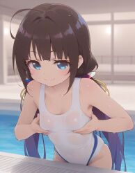 hinatsuru_ai blue_eyes brown_hair swimsuit pool heavenly_ass heavenly_body bubble_butt temptation tempting_viewer adjusting_swimsuit slutty_female slutty_body slim_female petite_female slim_waist sexy sexy_pose flat_chest pretty_face ai_generated beautiful_girl