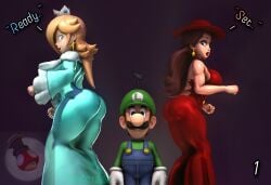 1boy 2026 2girls 3d 3d_(artwork) ass big_ass black_eyes blonde_hair blue_dress brown_hair clothing crown dialogue dress ear_piercing earrings facial_hair female gamer126i gloves green_hat green_shirt hat height_difference kabalmystic_(style) larger_female light-skinned_female light-skinned_male light_skin lipstick long_hair looking_at_another looking_at_viewer looking_back looking_back_at_another luigi male male/female/female mario_(series) mature mature_female mature_male nintendo overalls part_1 pauline pauline_(mario) princess princess_rosalina red_dress red_hat red_lipstick royalty shirt short_hair shorter_male smile taller_female text voluptuous voluptuous_female white_gloves