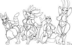 absurd_res android anthro ass black_and_white breasts delphox female group hi_res lagomorph lucario machine mammal monochrome nintendo pokemon pokemon_(species) pose presenting pussy rabbit robot rodent seductive simple_background squirrel staff thestrider tongue tongue_out video_games white_background