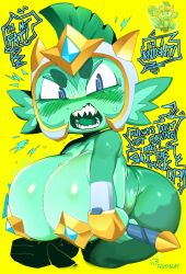 goatboydraws bloons_tower_defense mermaid mermaid_tail mermonkey bloons_td_6 solo solo_focus solo_female anthro monkey monkey_girl huge_breasts breasts pasties dialogue text 1girls sharp_teeth partially_clothed helmet big_breasts angry