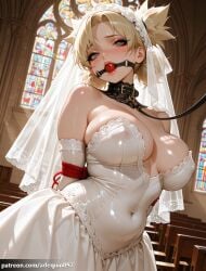 ai_generated arlequin097 temari naruto_(series) naruto naruto_shippuden 1girl solo breasts looking_at_viewer blush short_hair large_breasts blonde_hair gloves dress cleavage bare_shoulders green_eyes indoors elbow_gloves white_gloves white_dress collar covered_nipples see-through lips strapless covered_navel detached_collar makeup arms_behind_back bound bdsm bondage rope veil strapless_dress restrained leash wedding_dress gag red_lips black_collar gagged bridal_veil shibari bound_arms animal_collar ball_gag wiffle_gag church