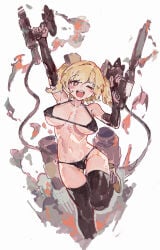 yanyan_(shinken_gomi) zenless_zone_zero burnice_white commentary_request highres +_+ 1girl alternate_costume bikini black_bikini black_gloves black_thighhighs blonde_hair breasts elbow_gloves flamethrower gloves holding holding_flamethrower holding_weapon large_breasts looking_at_viewer one_eye_closed open_mouth red_eyes smile solo standing standing_on_one_leg swimsuit thighhighs weapon