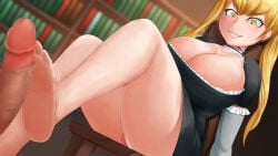 1boys 1girls bare_feet barefoot blonde_hair breasts choker cock feet foot footjob huge_breasts panty_shot penis princess solo_focus tansan0722 twintails twintails_(hairstyle)