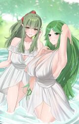 oyatsu_0 palutena kid_icarus kid_icarus_uprising tiki_(fire_emblem) tiki_(fire_emblem)_(adult) tiki_(adult)_(fire_emblem) fire_emblem fire_emblem_awakening company_connection skeb_commission green_hair green_eyes trait_connection 2girls bathing outdoors outside lake bathing_together bathing_outside bathing_in_lake goddess dragon pointy_ears wet water smile smiling_at_viewer smiling ponytail ribbon red_ribbon voluptuous voluptuous_female curvy curvy_female curvaceous curvaceous_female breasts breasts_bigger_than_head armpits thick_thighs thighs thigh_up long_hair very_long_hair blush flipped_hair shiny_skin light-skinned_female nintendo female female_only highres multiple_girls multiple_females looking_at_viewer dress white_dress summer_dress sideboob cleavage cleavage_window see-through see-through_clothing see-through_clothes see-through_dress pregnant pregnant_female pregnant_belly pregnancy crossover alternate_version_available
