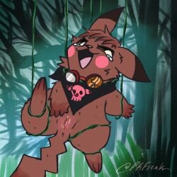3_toes 4_fingers anus bdsm big_ears black_sclera blush bodily_fluids body_blush bondage bound brown_body brown_fur brown_hair clothed clothing eyewear feet female feral fingers forest forest_background fur generation_1_pokemon genital_fluids genitals goggles hair helpless kerchief looking_aside midair mostly_nude neckerchief neckwear nintendo open_mouth open_smile pantsless pantsless_female pikachu pkfreak plant pokemon pokemon_(species) restrained smile solo suspension suspension_bondage tail tears toes tree vaginal_fluids vine_bondage vines vulva vulva_blush