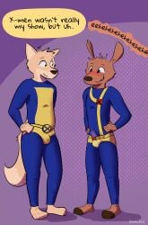 absurd_res anthro blush canid canine clothing costume deer duo erection erection_under_clothing excited fox giggling hands_on_hips hi_res male male/male mammal poro_alska rav_alska ravalska speech_bubble tenting