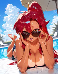 1girl female breasts eyewear lying red_hair swimsuit tan on_stomach tanlines yoko_littner long_hair open_mouth solo the_pose bikini looking_over_eyewear day sunglasses looking_at_viewer outdoors clothing large_breasts wet adjusting_eyewear soles sky cleavage barefoot feet_up hand_on_eyewear feet pool ponytail yellow_eyes blue_sky cloud ocean water toes eyewear_on_head poolside umbrella female_only hair_between_eyes side-tie_bikini_bottom bikini_tan beach_umbrella black_bikini bare_shoulders teeth tree beach dark-skinned_female blue_bikini one-piece_tan shiny_skin blush dutch_angle very_long_hair makeup beach_chair skull_hair_ornament tiles print_bikini tinted_eyewear legs_up lounge_chair collarbone sidelocks chair palm_tree dark_skin fingernails string_bikini tile_floor hair_ornament flame_print cloudy_sky high_ponytail parasol lips sweat ass bare_legs hands_up 1girls ai_generated voluptuous_female voluptuous curvaceous curvaceous_figure curvaceous_female curvy curvy_figure female_focus balecxi tengen_toppa_gurren_lagann inviting inviting_to_sex seductive seductive_look seductive_smile presenting presenting_hindquarters presenting_ass presenting_self presenting_breasts