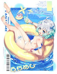 1girl 1girls ahoge bikini blue_eyes breasts choker densetsu.exe fang feet female frilled_thigh_strap gradient_hair green_hair green_nails hair_ribbon halterneck highres legs looking_at_viewer lucidsky mint_fantome multicolored_hair navel open_mouth pointy_ears ribbon short_hair side-tie_bikini_bottom side_up_ring skin_fang small_breasts solo string_bikini swimsuit thigh_strap thighs triangle_bikini_top virtual_youtuber vtuber water white_bikini white_choker white_hair