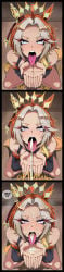 sloppingslurpie 2d ai_generated 1girls solo looking_at_viewer blush open_mouth short_hair hair_ornament bare_shoulders purple_eyes grey_hair comic tongue tongue_out cum own_hands_together facial cum_in_mouth squiggle cum_on_tongue cupping_hands waiting_for_cum orfevre_(umamusume) umamusume umamusume_pretty_derby fapping english_text english cumshot cum_on_face cum_on_hand female