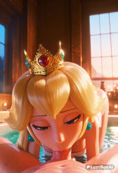 oral fellatio blonde_hair penis 1boy hetero crown blue_eyes jewelry earrings pov breasts uncensored half-closed_eyes water navel partially_submerged artist_name :>= indoors nude long_hair pearl_earrings makeup blush solo_focus wet lips window shared_bathing princess_peach lustboxai hi_res ai_generated mario_(series) nintendo super_mario_bros. 1girls female 1boy1girl blowjob_focus
