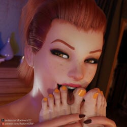 overwatch brigitte brigitte_lindholm radmon222 foot_fetish foot_lick toes painted_toenails looking_at_viewer between_toes saliva saliva_string saliva_trail brown_hair brown_eyes holding_feet toes_spread feet_up feet_fetish tracer 3d 3d_(artwork) blender blender_(software) self_upload