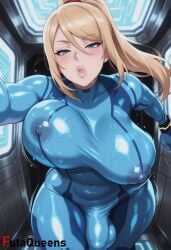 futaqueens ai_generated samus_aran metroid breasts 1girl blonde_hair zero_suit bodysuit futanari covered_nipples ponytail solo bulge blue_eyes looking_at_viewer large_breasts blue_bodysuit blush long_hair skin_tight covered_penis covered_navel sweat lips parted_lips hair_between_eyes patreon_username penis artist_name