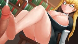 1boys 1girls bare_feet barefoot blonde_hair breasts choker cock cumming ejaculation feet foot footjob huge_breasts panty_shot penis princess semen solo_focus tansan0722 twintails twintails_(hairstyle)