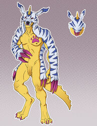 anthro anthrofied athletic barefoot digimon digitigrade fangs flaccid front_view gabumon horn humanoid_penis looking_at_viewer male_only navel nipples pattern_background pawpads pawprint pecs pelt penis sabertooth_(feature) scalie simple_background standing thelittlemeerkak