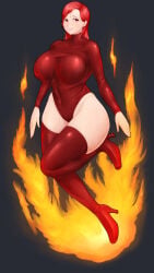 bodysuit breasts fire flames large_breasts original red_eyes red_hair red_iris rubber rubber_bodysuit tansan0722