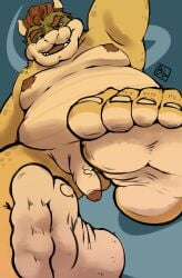 1boy 2026 absurd_res anthro balls barefoot beard belly big_feet big_nipples blem-bop bowser claws clothing facial_hair feet footwear furry furry_male furry_only genitals hi_res koopa looking_at_viewer looking_down male male_nipples male_only mario_(series) moobs musk musky_feet nails nintendo nipples obese obese_male older_male overweight overweight_anthro overweight_male penis raised_arm scalie simple_background socks solo solo_focus solo_male toe_claws