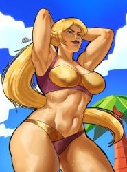 armpits arms_behind_head artist_request belly belly_button belly_focus blonde_hair bra fit_female gameoverse long_hair medium_breasts midriff miss_information_(gameoverse) panties ponytail purple_and_yellow_clothes purple_lips stomach sweaty sweaty_body thick_thighs wide_hips