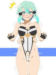 /\/\/\ aqua_eyes aqua_hair asada_shino bare_shoulders between_labia black_gloves blue_eyes blue_hair blush breasts cleavage clothing cute_fang female fingerless_gloves frontal_wedgie gloves gun_gale_online hair_between_eyes hair_ornament hairclip innie_pussy kagemusha leotard leotard_pull open_mouth partially_visible_vulva short_hair sinon solo sword_art_online sword_art_online:_phantom_bullet wedgie