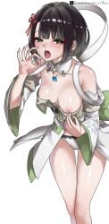 1girls blowjob_gesture blush breakthrough_rr breasts brown_hair collar colored core_crystal core_crystal_(xenoblade) exposed_nipples exposed_panties green_eyes hair_ornament imminent_sex light-skinned_female light_skin looking_at_viewer medium_breasts miyabi_(xenoblade) monolith_soft nintendo nipples panties pulling_top_down revealing_breasts shiny_skin suggestive_look suggestive_pose tagme tounge_out xenoblade_(series) xenoblade_chronicles_3