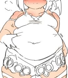 alternate_expressions b45ui blushing_female bulging_belly chubby comic dress nimo nimo22 squishing_belly thick_arms thick_thighs weight_gain