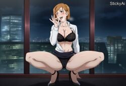 1girls ai_generated anime_coloring brown_hair cheating cheating_girlfriend dark female female_only hotel_room indoors jjk jujutsu_kaisen kugisaki_nobara l large_breasts mature_female netorare night nobara_kugisaki ntr solo stickyai straight