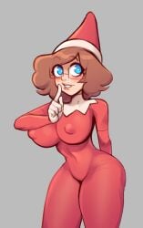 brellom brellom_(character) brellomascot brells artist_self-insert glasses big_breasts light-skinned_female female brown_hair digital_drawing_(artwork) original_character original christmas elf_on_the_shelf cosplay santa_hat body_suit blue_eyes shushing wide_hips snatched_waist nipple_bulge collarbone grey_background