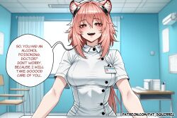ai_generated ai_assisted fatest_squirrel arknights gravel_(arknights) english_text upper_body 1girl animal_ear_fluff brown_eyes white_pupils pink_hair long_hair hair_between_eyes medium_breasts nurse smile looking_at_viewer open_mouth blush half-closed_eyes