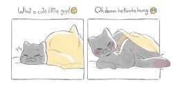 anonymous_artist anthro balls bedding belly blanket blush cat_tail domestic_cat el_cato emoji felid feline felis genitals hi_res huge_thighs lifting_covers male mammal panel_interaction presenting shortstack shortstack_male sleeping solo text thick_thighs voluptuous_male waking_up wide_hips