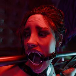 female 1girl teeth open_mouth closed_eyes artist_name solo_focus horror_(theme) nose oral_invitation 1boy brown_hair lips nude solo nostrils gag gagged ring_gag bdsm red_hair bondage bound short_hair panam_palmer cyberpunk_2077 theropedude 3d 3d_render blender_(software) blender_cycles tape_bondage restrained