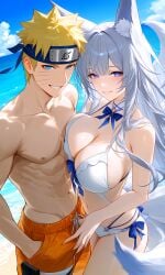 ai_generated azur_lane beach bikini bikini_top blue_eyes crossover fox_ears fox_tail happy muscular_male naruto naruto_(series) naruto_shippuden ready_for_sex sea seductive seductive_smile sexy sexy_bikini sexy_body sexy_female shinano_(azur_lane) standing swelling swimming_trunks uzumaki_naruto white_hair