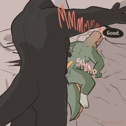 5_fingers approval bed bedroom black_body blush blushing_profusely bodily_fluids bone clothing demon dialogue erection eyes_closed eyewear fingers footwear footwear_only frill_(anatomy) furniture genital_fluids genitals glasses green_body hand_on_wall hi_res holding_waist lizard luvam_(luvamisguilty) luvamisguilty lying lying_on_bed maeryn_(luvamisguilty) mostly_nude nipples on_bed onomatopoeia penetration penis precum reptile scalie size_difference skull skull_head sleep_paralysis_demon slit_penetration slit_penis slit_play slitfluid socks socks_only sound_effects speech_bubble sudden_penetration tail text thrust_lines thrusting thrusting_forward wearing_glasses yellow_frill