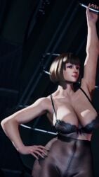 sovereignknights tekken_8 tekken anna_williams mascara blue_eyes brown-haired_female short-haired_female alternate_costume alternate_outfit pantyhose see-through_pantyhose pink_lipstick uninterested_female uninterested arm_above_head collarbone bare_shoulders black_bra no_underwear commando leaning_to_the_side hand_on_hip massive_breasts cleavage navel belly 3d_(artwork) 3d 3dcg game_mod game_cg filtered filter high_quality absurd_resolution absurd_res absurdres high_resolution highres disinterested
