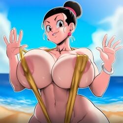 ai_generated ass big_breasts black_hair breasts chichi curvy curvy_figure dragon_ball dragon_ball_super dragon_ball_z female grabbing_own_breasts huge_ass mature_female milf mullon novelai pussy single_hair_bun thick_thighs top_heavy voluptuous voluptuous_female wide_hips bikini swimsuit day beach