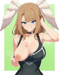 1girl blue_eyes bodysuit breasts_out brunette collar eunie_(xenoblade) flashing_breasts guilegaze large_breasts smirk steaming_body teasing wings_on_head xenoblade_(series) xenoblade_chronicles_3