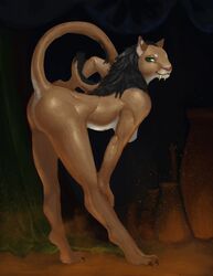 2016 anthro anus ass bent_over black_hair breasts brown_claws brown_fur claws fangs featureless_breasts feline female fur green_eyes hair half-closed_eyes hand_on_ass hawkilla highres long_hair mammal nude pink_nose raised_tail sabertooth sideboob smile solo tail toe_claws white_fur