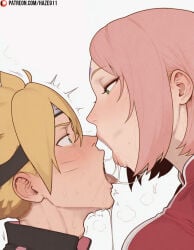 naruto_(series) naruto naruto_shippuden boruto:_naruto_next_generations ai_generated haze911 uzumaki_boruto sakura_haruno age_difference kissing kiss after_kiss hetero pink_hair 1boy blonde_hair 1girls forehead_mark green_eyes looking_at_another tongue tongue_out saliva saliva_drip sweat french_kiss short_hair tongue_kiss facial_mark blush saliva_trail saliva_string