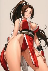 brown_eyes brown_hair center_opening fatal_fury fingernails from_below groin groin_tendon high_ponytail highleg_leotard japanese_clothes large_breasts lips mai_shiranui obi pelvic_curtain ponytail red_nails revealing_clothes sash sexy smile snk thick_thighs
