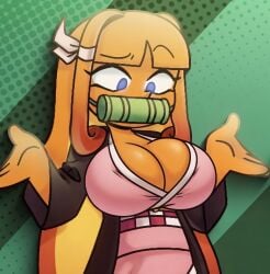 pessy mundo_torajo huge_breasts big_breasts confused cosplay tagme edit self_upload edited_screencap fruit_humanoid cleavage huge_tits kamado_nezuko_(cosplay)