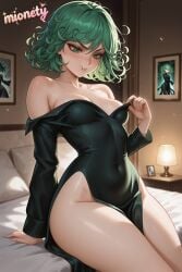 tatsumaki one-punch_man green_eyes dress green_hair breasts black_dress 1girl covered_navel small_breasts short_hair thighs indoors pillow on_bed solo collarbone lamp sitting bare_shoulders curly_hair off_shoulder bed long_sleeves blush no_panties petite pout english_text parted_lips reference_inset looking_to_the_side messy_hair heart twitter_strip_game_(meme) pelvic_curtain arm_support side_slit clothes_pull thick_thighs floating_object no_bra eyelashes bedroom :t picture_frame off-shoulder_dress closed_mouth leaning_back cleavage blurry_background hand_up artist_name blurry floating hair_between_eyes tight_dress medium_breasts levitation mionety ai_generated