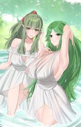oyatsu_0 palutena kid_icarus kid_icarus_uprising tiki_(fire_emblem) tiki_(fire_emblem)_(adult) tiki_(adult)_(fire_emblem) fire_emblem fire_emblem_awakening company_connection skeb_commission green_hair green_eyes trait_connection 2girls bathing outdoors outside lake bathing_together bathing_outside bathing_in_lake goddess dragon pointy_ears wet water smile smiling_at_viewer smiling ponytail ribbon red_ribbon voluptuous voluptuous_female curvy curvy_female curvaceous curvaceous_female breasts breasts_bigger_than_head armpits thick_thighs thighs thigh_up long_hair very_long_hair blush flipped_hair shiny_skin light-skinned_female nintendo female female_only highres multiple_girls multiple_females looking_at_viewer dress white_dress summer_dress sideboob cleavage cleavage_window crossover alternate_version_available