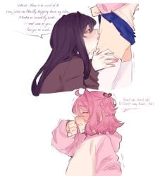 2girls bandage_on_face color colored cunnilingus dialogue doki_doki_literature_club embarrassed eyes_closed female female/female female_only lesbian lesbian_sex lifting_own_clothes lifting_skirt light-skinned_female medium_hair natsuki_(doki_doki_literature_club) needy no_panties no_panties_under_skirt oral oral_sex painted_nails partially_clothed partially_clothed_female pink_hair pleasure_face pockiseisont possessive purple_hair pussy_juice pussy_juice_on_face scars self_harm_scars short_skirt thighhighs very_long_hair yuri yuri_(doki_doki_literature_club)