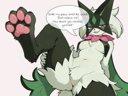 1girls ai_generated anthro cat digitigrade female female_only foot_fetish foot_focus looking_at_viewer masquernya meowscarada pawpads pokemon pokemon_(species) pokemon_champions pokemon_sv self_upload smell smell_fetish talking_to_viewer