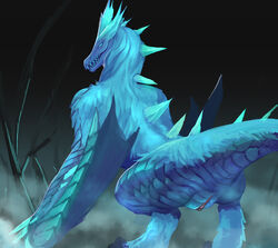 2016 ass auroth_the_winter_wyvern black_background blue_claws blue_eyes blue_fur blue_scales claws clitoris crouching dota dota_2 female feral fur hawkilla looking_back membranous_wings nude open_mouth pussy raised_tail rear_view scales scalie simple_background solo spikes teeth toe_claws video_games wings wyvern