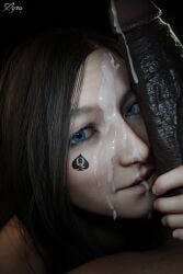 1boy 1boy1girl 1girls 3d 3d_(artwork) blue_eyes brown_hair cheating cheating_wife cum cum_drip cum_on_face dark-skinned_male interracial light-skinned_female looking_at_viewer mia_winters netorare qos qos_tattoo resident_evil resident_evil_8:_village xyra3d